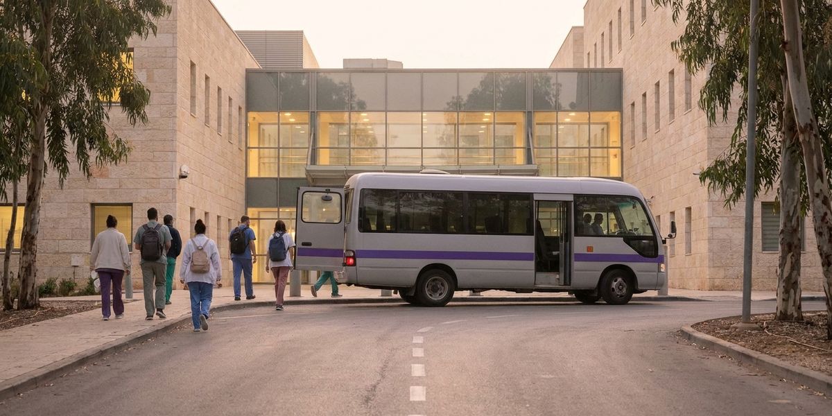 מיניבוס הסעות משמרות מוריד צוות רפואי בכניסת העובדים של בית חולים לפנות בוקר.