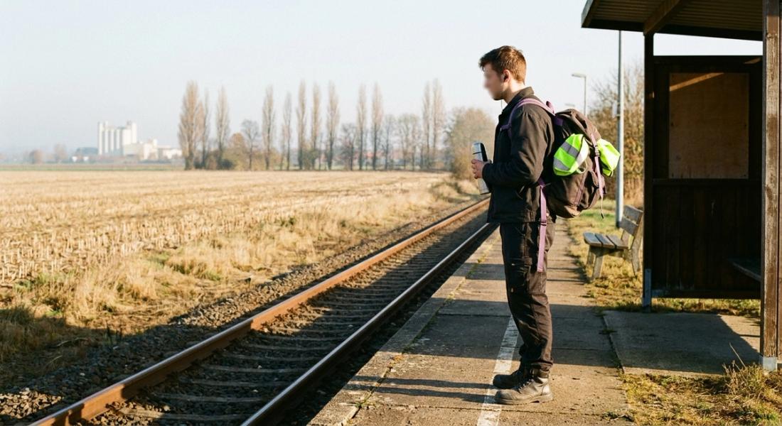 Junger Auszubildender mit Rucksack wartet an einem ländlichen Bahn-Haltepunkt, dahinter Felder und eine Werkshalle