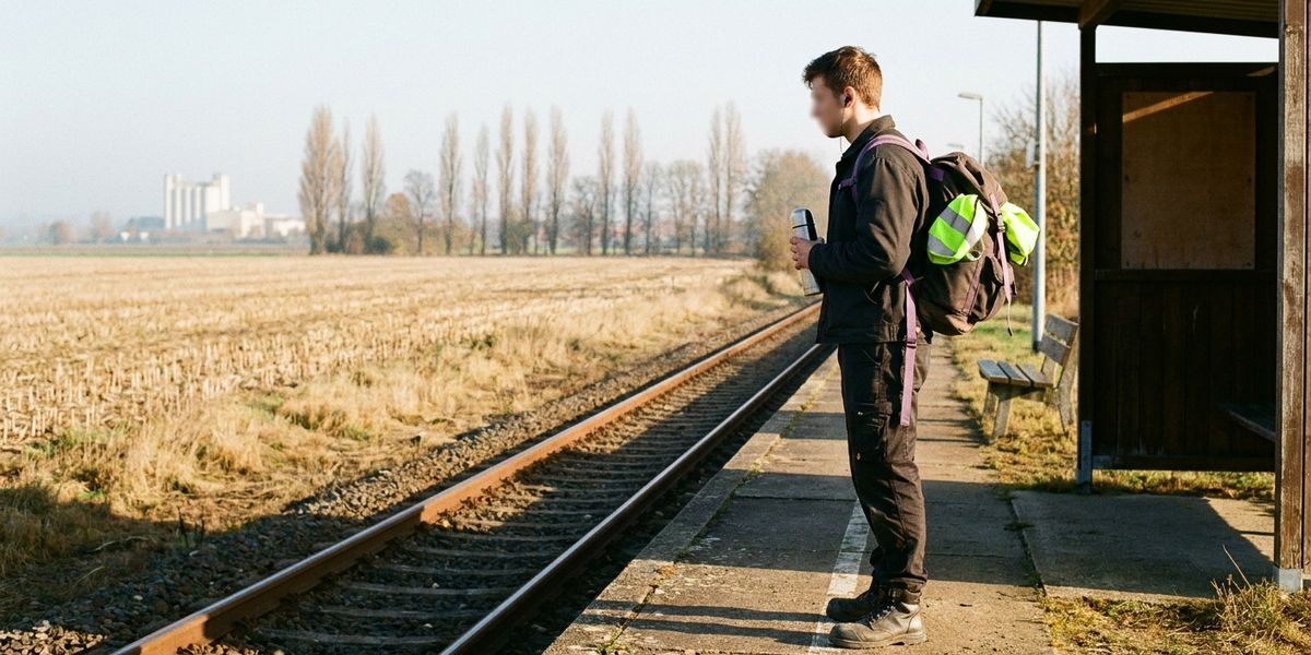 Junger Auszubildender mit Rucksack wartet an einem ländlichen Bahn-Haltepunkt, dahinter Felder und eine Werkshalle