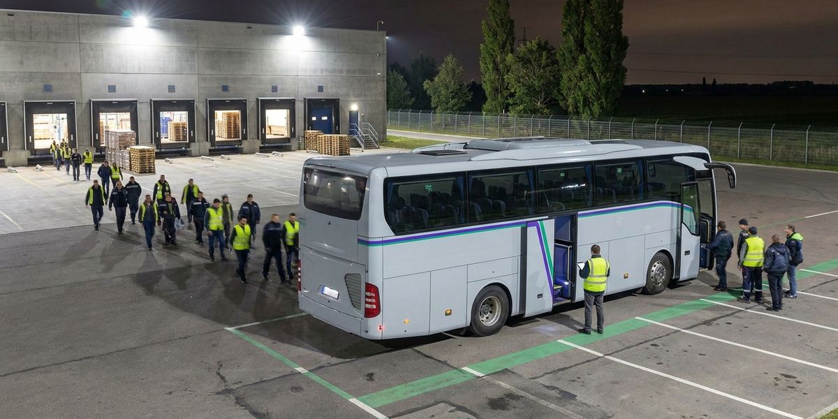 Нічна пересменка біля розподільчого центру за містом: працівники сідають у службовий автобус під освітленими доками