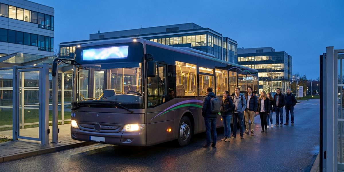 Корпоративний шатл чекає біля прохідної промислового обʼєкта ввечері, поки працівники спокійно заходять у салон.