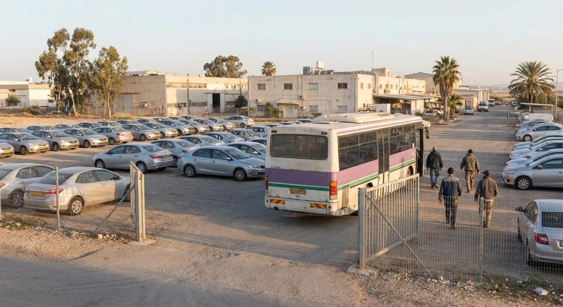 מגרש חניה של רכבי ליסינג זהים ליד מתקן תעשייה, ואוטובוס הסעה עובדים חונה בשער