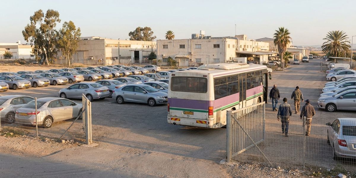 מגרש חניה של רכבי ליסינג זהים ליד מתקן תעשייה, ואוטובוס הסעה עובדים חונה בשער