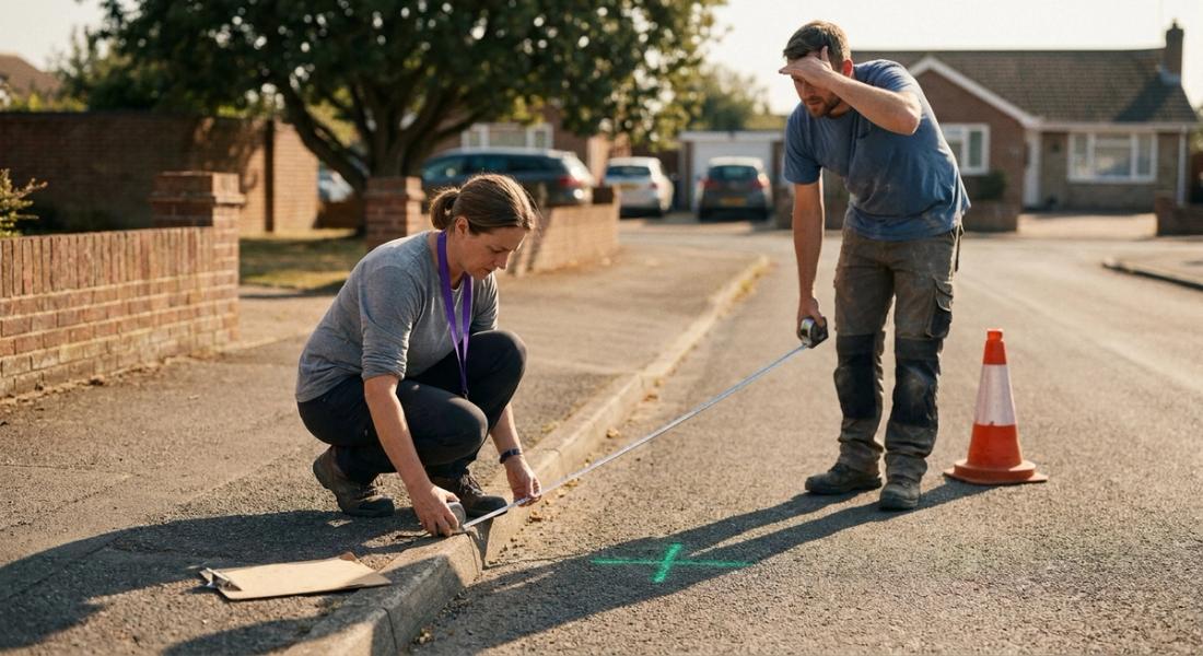 Two mobility planners measure the curb width at a candidate shuttle stop on a quiet two-lane street, summer afternoon