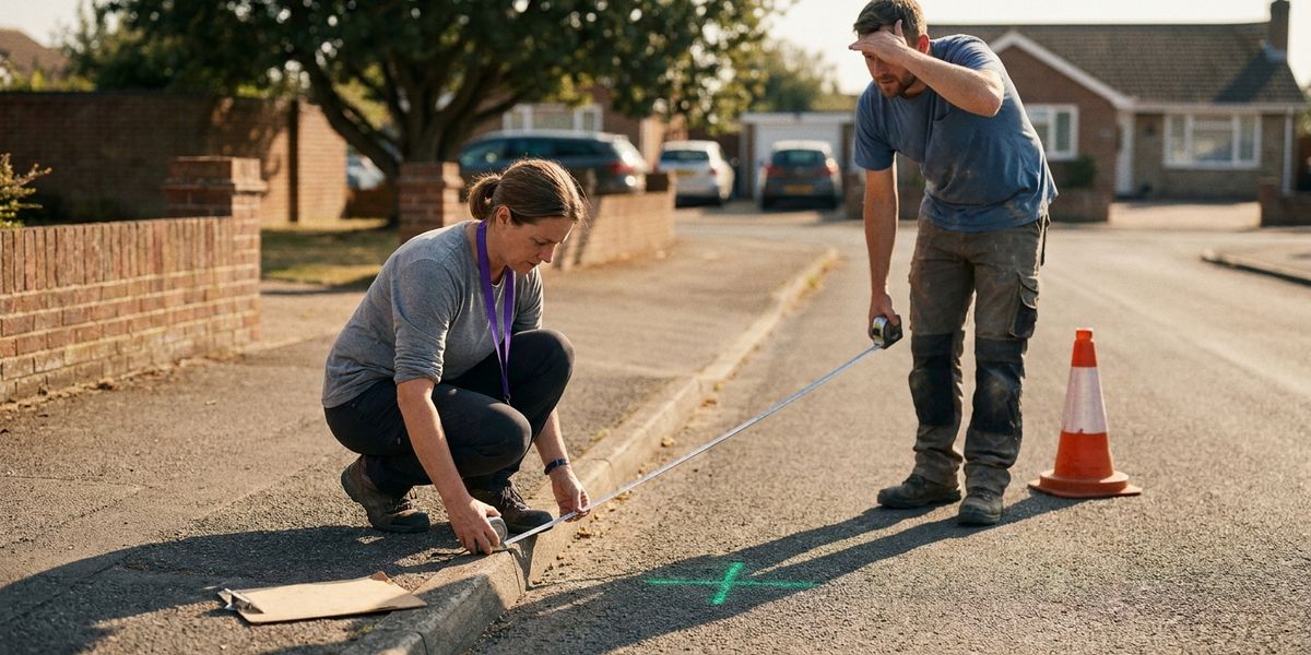 Two mobility planners measure the curb width at a candidate shuttle stop on a quiet two-lane street, summer afternoon