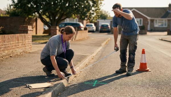 Two mobility planners measure the curb width at a candidate shuttle stop on a quiet two-lane street, summer afternoon