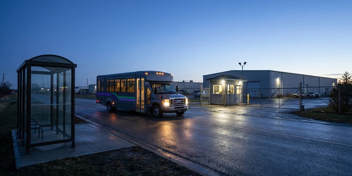 Firmen-Shuttle am Tor eines Gewerbegebiets im Morgengrauen, daneben eine leere, unbeleuchtete Bushaltestelle ohne Linienbus