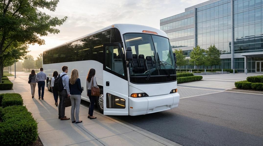 A corporate commuter shuttle loading employees at a suburban office campus at shift change