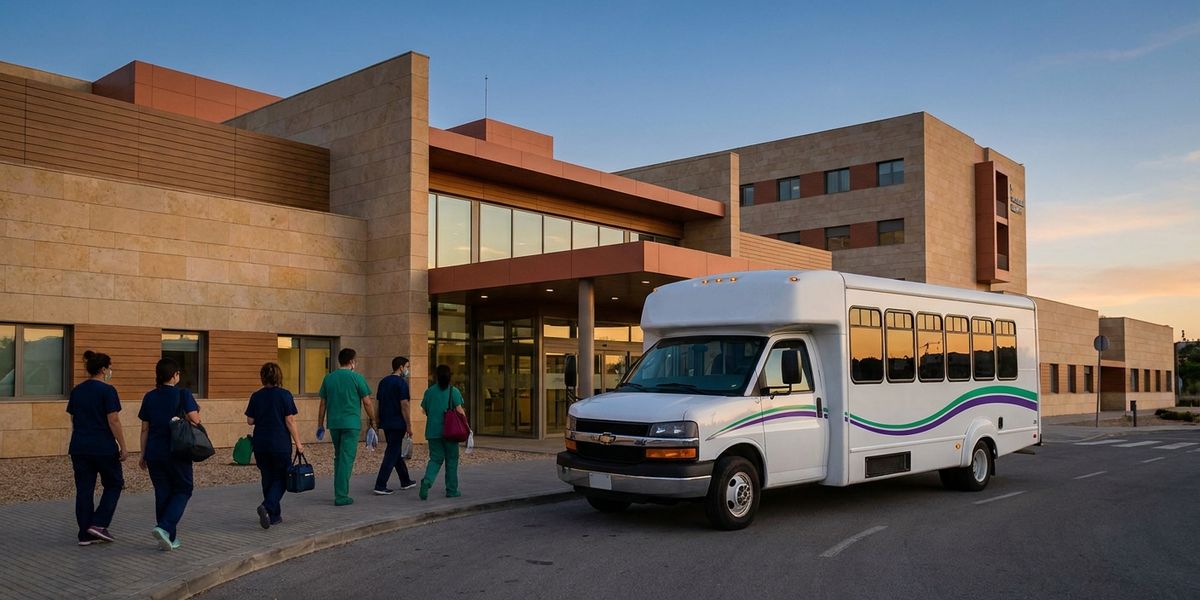 Autobús lanzadera frente a la entrada de un hospital español al anochecer, durante un cambio de turno
