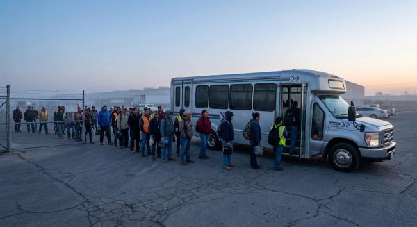 Autobús de transporte de personal a la entrada de un parque industrial mexicano al amanecer