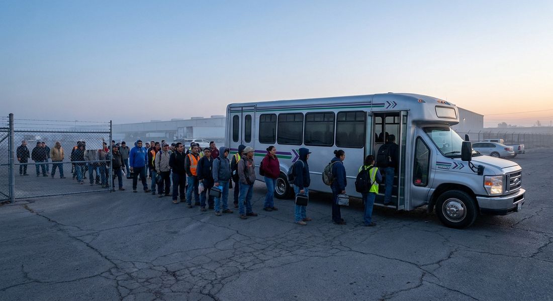 Autobús de transporte de personal a la entrada de un parque industrial mexicano al amanecer
