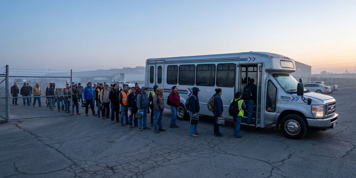 Autobús de transporte de personal a la entrada de un parque industrial mexicano al amanecer
