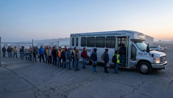 Autobús de transporte de personal a la entrada de un parque industrial mexicano al amanecer
