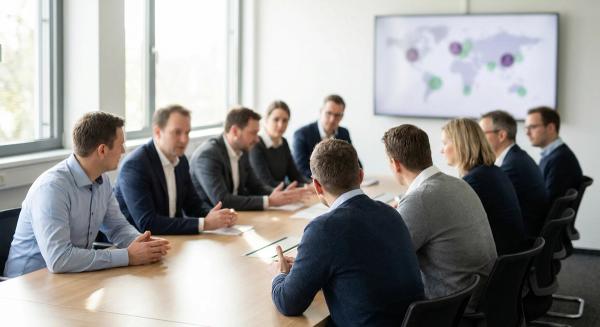 Betriebsratssitzung am Konferenztisch, auf dem Monitor die Live-Karte eines Mitarbeitershuttles mit Fahrzeugsymbolen