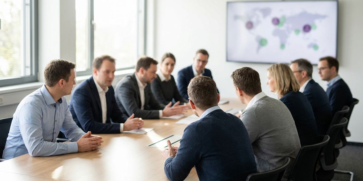 Betriebsratssitzung am Konferenztisch, auf dem Monitor die Live-Karte eines Mitarbeitershuttles mit Fahrzeugsymbolen