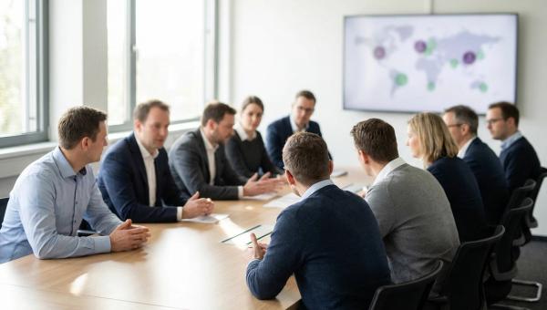 Betriebsratssitzung am Konferenztisch, auf dem Monitor die Live-Karte eines Mitarbeitershuttles mit Fahrzeugsymbolen