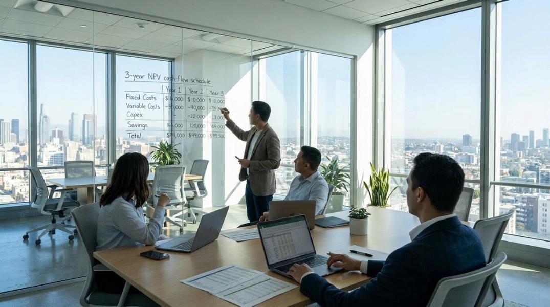 A finance team reviewing a 3-year NPV schedule for an employee shuttle program at a conference-room whiteboard