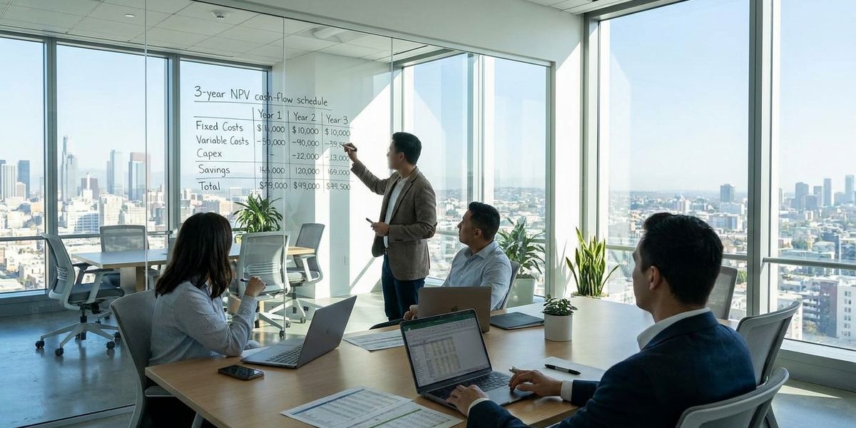A finance team reviewing a 3-year NPV schedule for an employee shuttle program at a conference-room whiteboard
