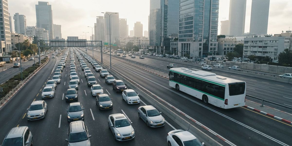 תור רכבים סולו בכביש איילון בשעת שיא בוקר על רקע מגדלי תל אביב, לצד שאטל ארגוני מאוכלס נכנס לפארק הרצליה