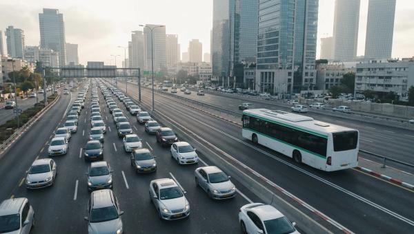 תור רכבים סולו בכביש איילון בשעת שיא בוקר על רקע מגדלי תל אביב, לצד שאטל ארגוני מאוכלס נכנס לפארק הרצליה