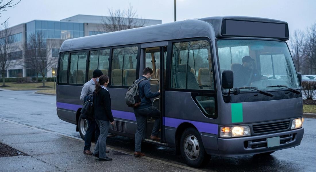 Half-empty employee shuttle bus at a corporate campus stop in early morning, with a few riders boarding