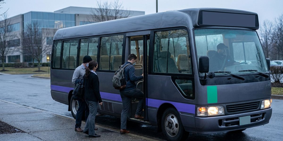 Half-empty employee shuttle bus at a corporate campus stop in early morning, with a few riders boarding