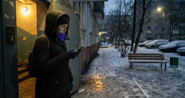Жінка в зимовій куртці з телефоном у руці стоїть біля дверей під'їзду затемна; поруч обледенілий тротуар