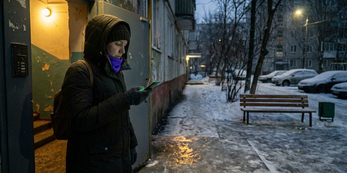 Жінка в зимовій куртці з телефоном у руці стоїть біля дверей під'їзду затемна; поруч обледенілий тротуар