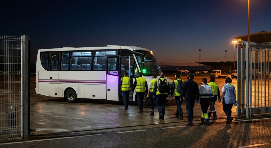 Personal de handling y catering baja de una lanzadera de empresa en el acceso de trabajadores del aeropuerto de madrugada.