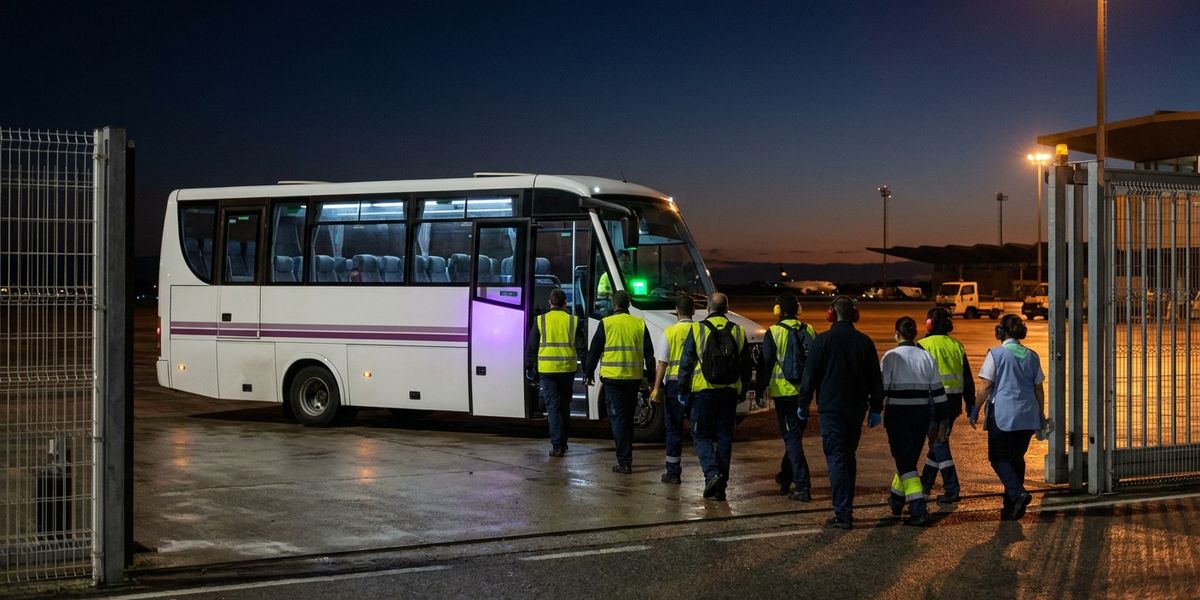 Personal de handling y catering baja de una lanzadera de empresa en el acceso de trabajadores del aeropuerto de madrugada.