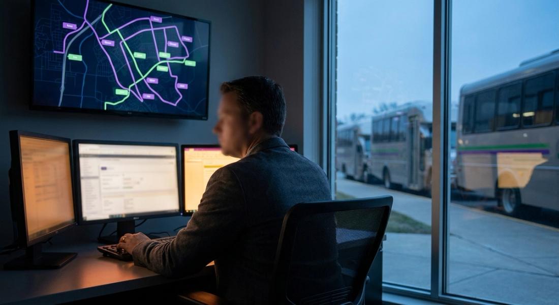 Fleet operations manager at a control desk views live shuttle route maps on a monitor, campus shuttles at a curb outside