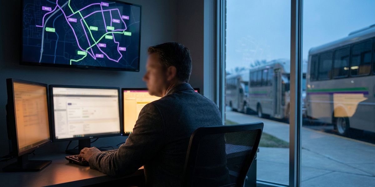 Fleet operations manager at a control desk views live shuttle route maps on a monitor, campus shuttles at a curb outside