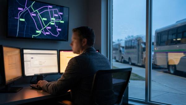 Fleet operations manager at a control desk views live shuttle route maps on a monitor, campus shuttles at a curb outside