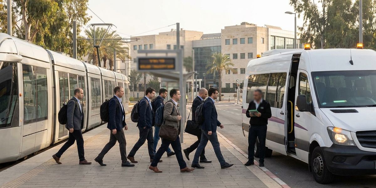 רכבת קלה של הקו האדום בתחנת קריית אריה בפתח תקווה ברקע מגדלי משרדים, לצד אוטובוס שאטל ארגוני יוצא מתחנת הרכבת לכיוון פארק הרצליה פיתוח