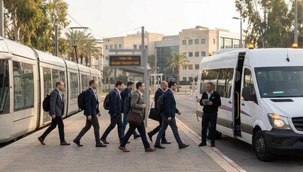 רכבת קלה של הקו האדום בתחנת קריית אריה בפתח תקווה ברקע מגדלי משרדים, לצד אוטובוס שאטל ארגוני יוצא מתחנת הרכבת לכיוון פארק הרצליה פיתוח