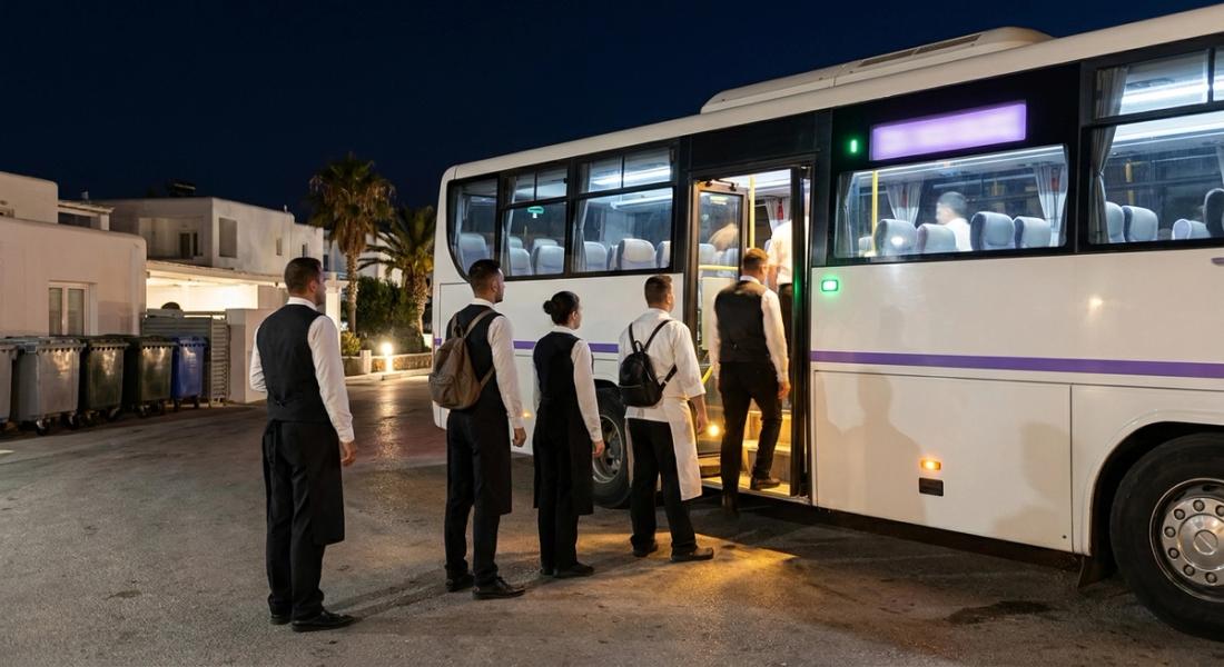 Personal de hotel con uniforme sube a una lanzadera de empresa en la entrada de servicio de un resort balear de madrugada.