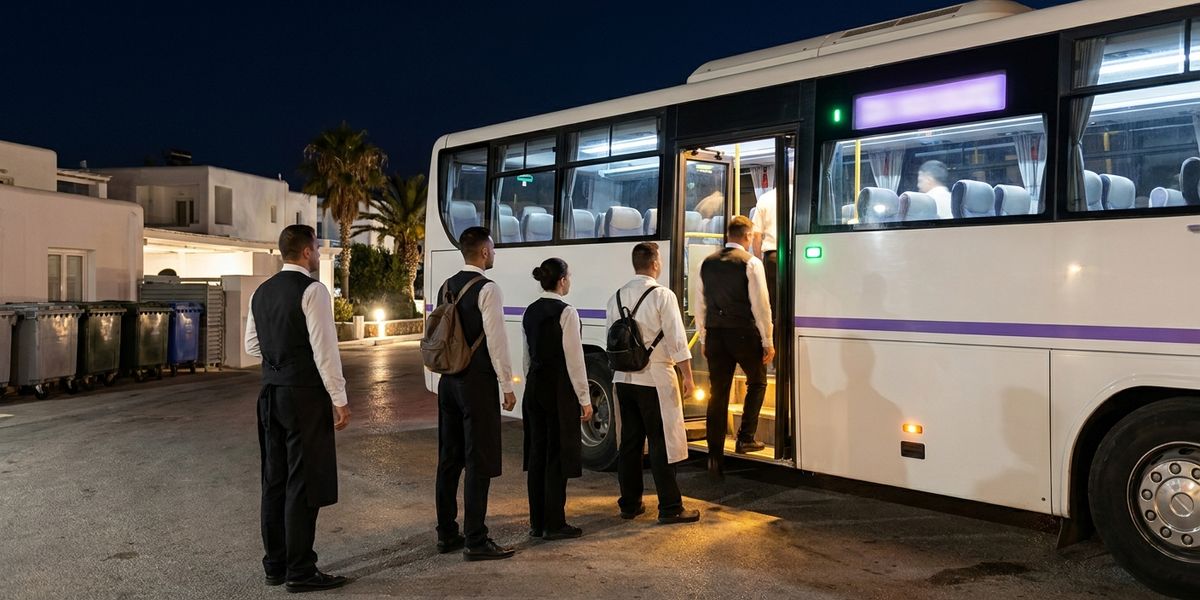 Personal de hotel con uniforme sube a una lanzadera de empresa en la entrada de servicio de un resort balear de madrugada.