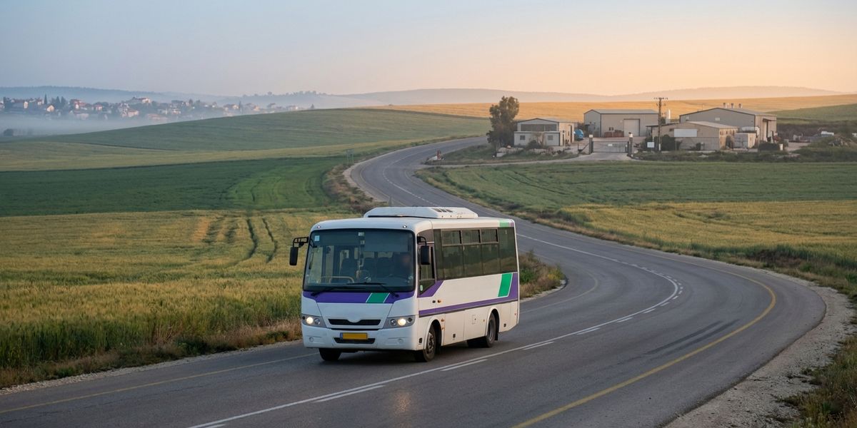 מיניבוס הסעה ארגוני נוסע בכביש כפרי לעבר אזור תעשייה בפריפריה בשעת בוקר מוקדמת, גבעות הגליל ברקע