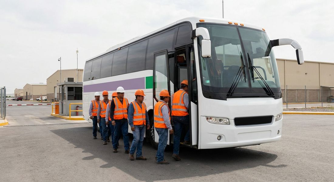 Autobús de transporte de personal en la entrada de un parque industrial mexicano, con trabajadores abordando de día