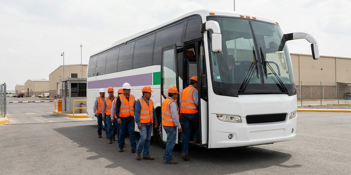Autobús de transporte de personal en la entrada de un parque industrial mexicano, con trabajadores abordando de día
