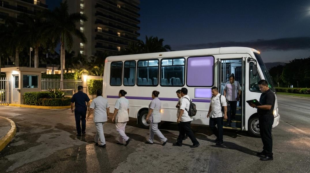 Personal de hotel baja de un autobús de personal en el acceso de empleados de la zona hotelera de Cancún antes del amanecer.