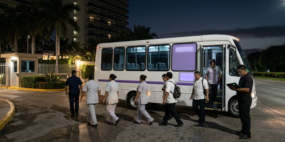 Personal de hotel baja de un autobús de personal en el acceso de empleados de la zona hotelera de Cancún antes del amanecer.