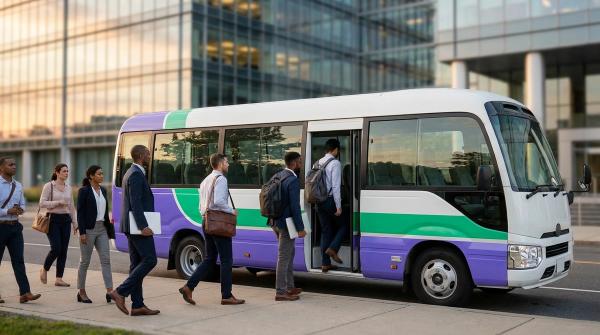 An employee vanpool loading commuters outside a multi-tenant US office building at end of shift