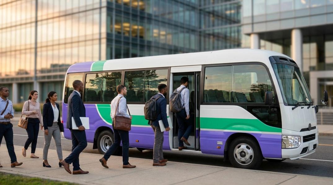 An employee vanpool loading commuters outside a multi-tenant US office building at end of shift