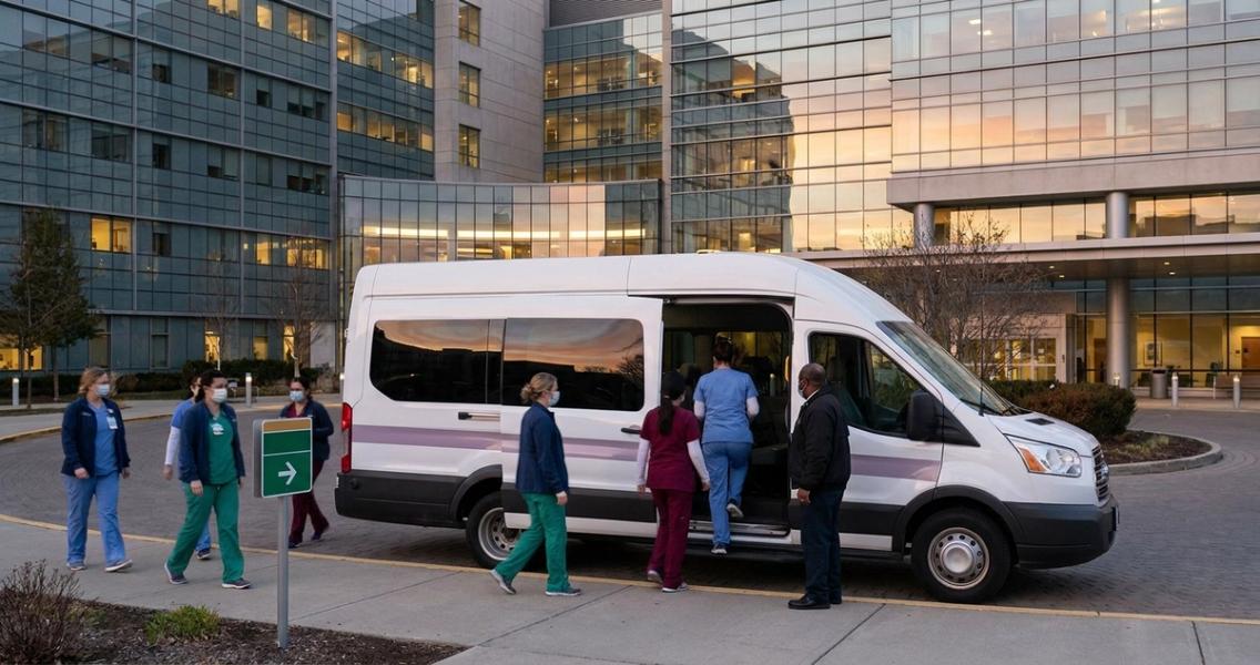 Hospital staff shuttle picking up nurses outside a multi-campus medical center at shift change