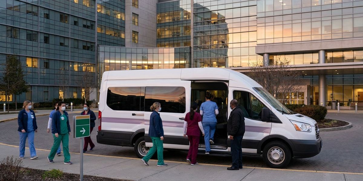 Hospital staff shuttle picking up nurses outside a multi-campus medical center at shift change