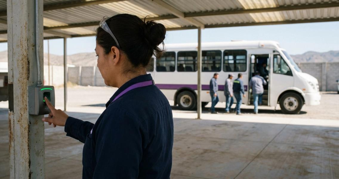 Trabajadora registra su entrada en un reloj checador bajo el techado de una parada de planta; detrás, un autobús de personal