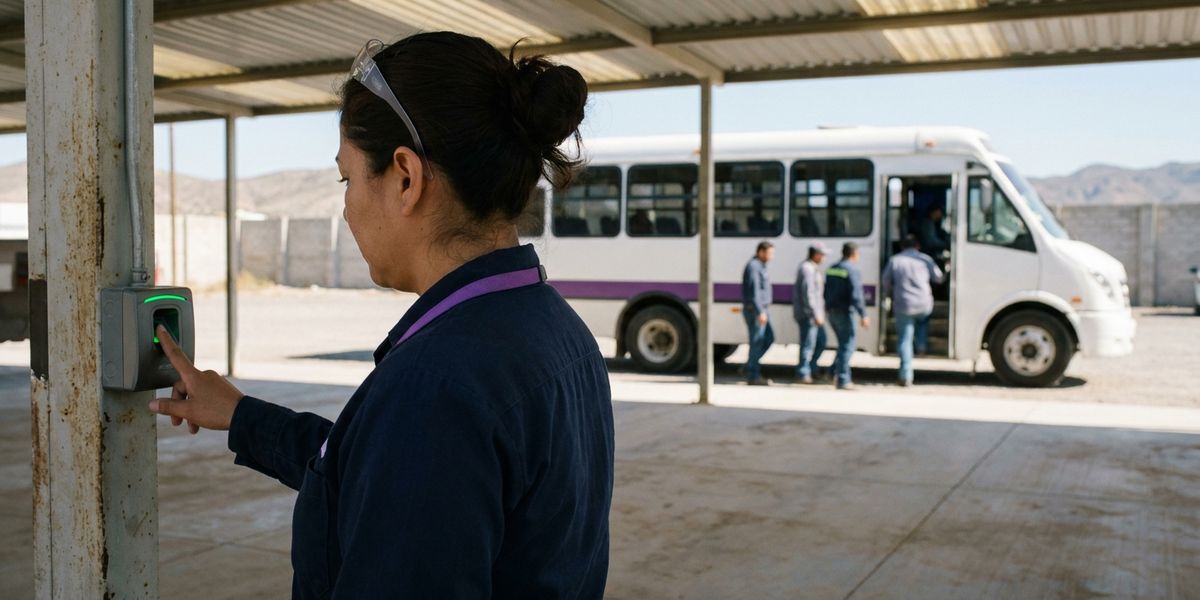 Trabajadora registra su entrada en un reloj checador bajo el techado de una parada de planta; detrás, un autobús de personal
