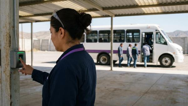Trabajadora registra su entrada en un reloj checador bajo el techado de una parada de planta; detrás, un autobús de personal