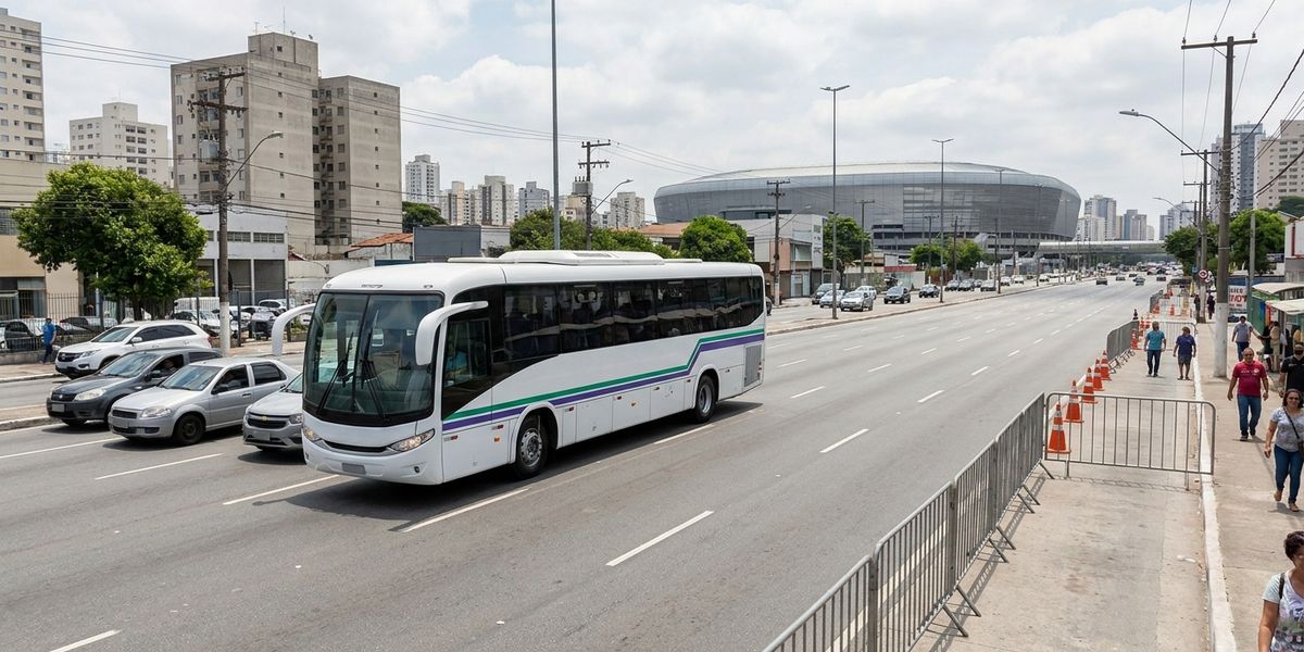 Autobús de transporte de personal en una avenida en día de partido, junto a vallas y perímetro cerrado cerca de un estadio.